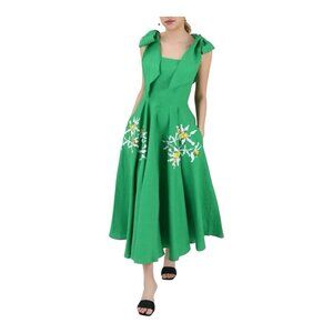 Fanm Mon Nilen Linen Midi Embroidered Dress Large Kelly Green Pockets A-Line